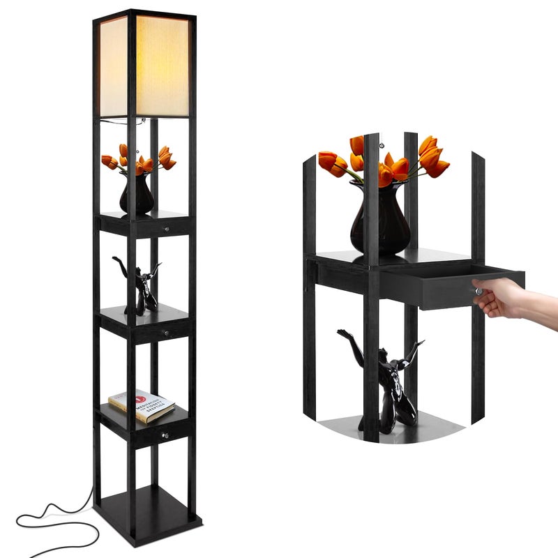 Brightech Maxwell Drawer Edition - Modern Shelf Floor Lamp with Drawer - Corner Display Floor Lamps with Shelves for Living Room, Bedroom and Office - Black - Image 1